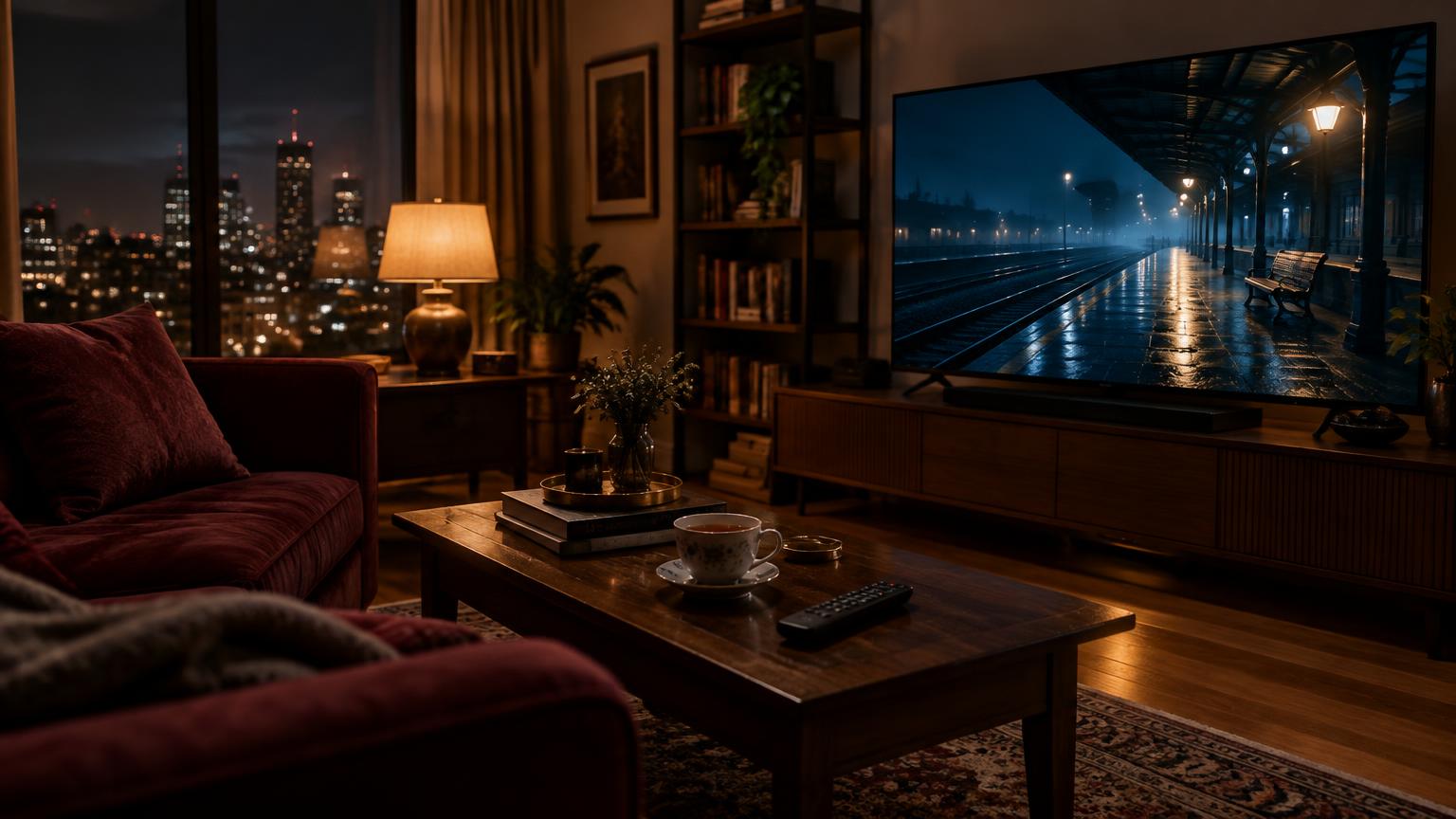 Televisão ligada à noite, sofá, chá e controle remoto esperando pelo próximo episódio